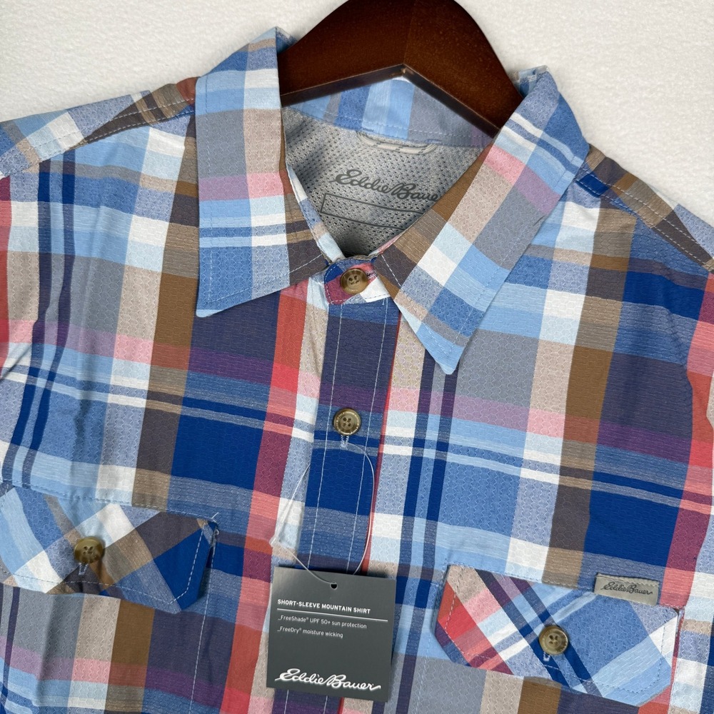 NEW Eddie Bauer Short Sleeve Mountain Shirt Mens Small Plaid Hex Grid‎ Ripstop